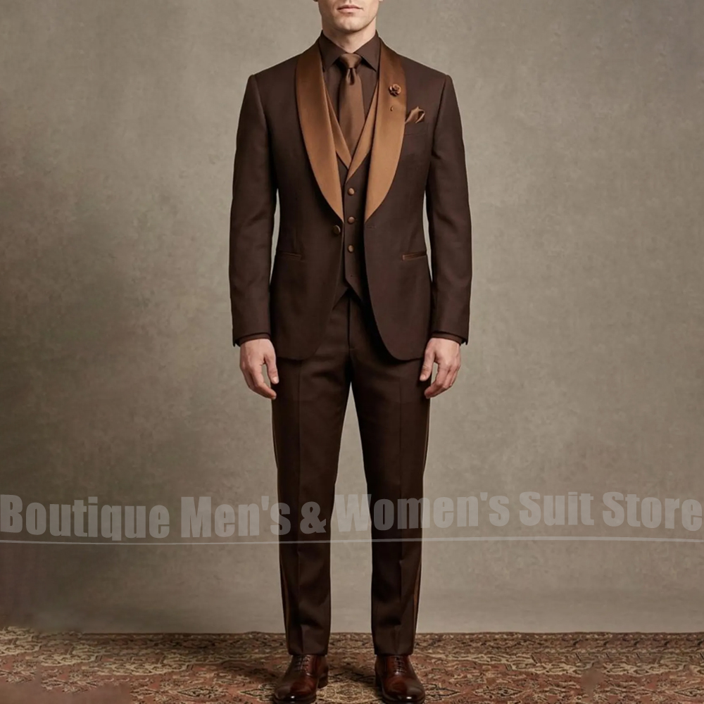 Men Grooming Outfit - 남성용 새틴 숄 라펠 3피스 슬림핏