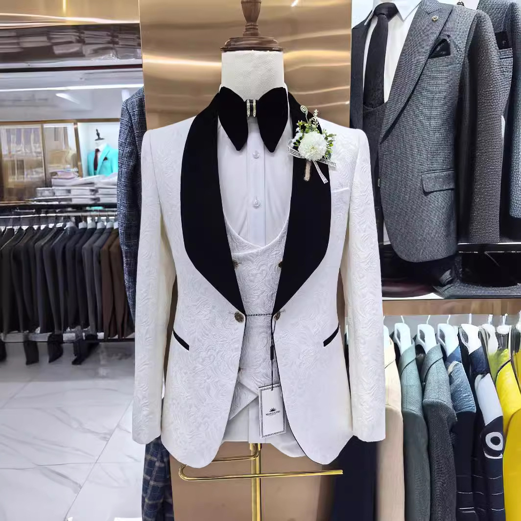Thorndike 남성용 웨딩 정장 흰색 자카드와 블랙 - Men Grooming Outfit 리뷰 및 가격