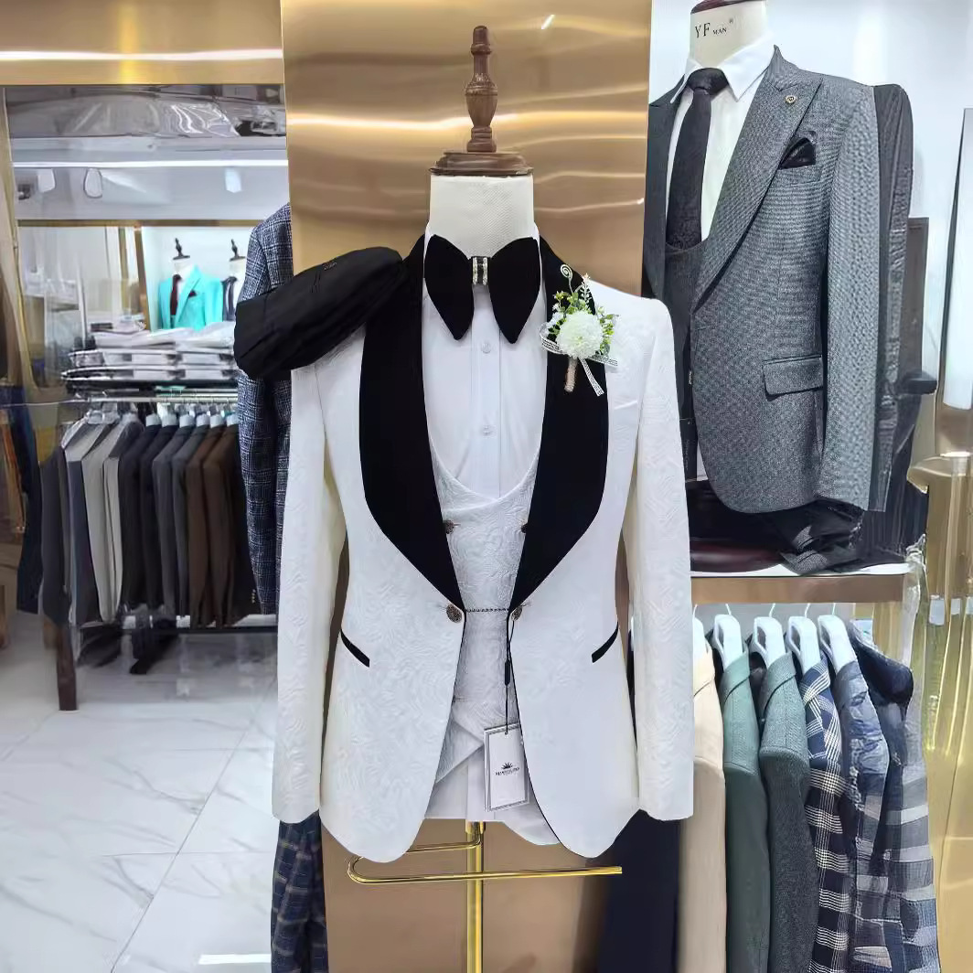 Thorndike 남성용 웨딩 정장 흰색 자카드와 블랙 - Men Grooming Outfit 리뷰 및 가격